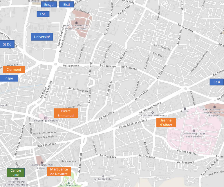 Carte des différents établissement scolaire de Pau